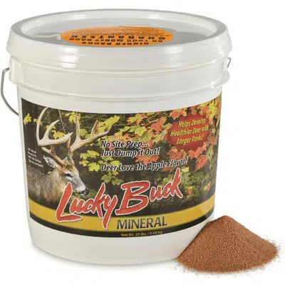 Lucky Buck Mineral Supplement in a white bucket