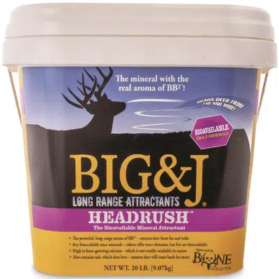 Big & J Headrush Bioavailable Mineral Attractant in a white printed bucket