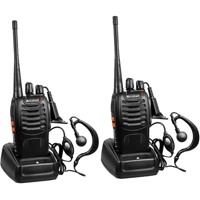Arcshell Rechargeable Long-Range Two-Way Radios in black with ear pieces