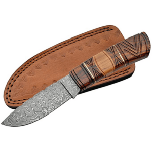 SZCO Damascus Carved Wood Hunting Knife in rosewood/olivewood